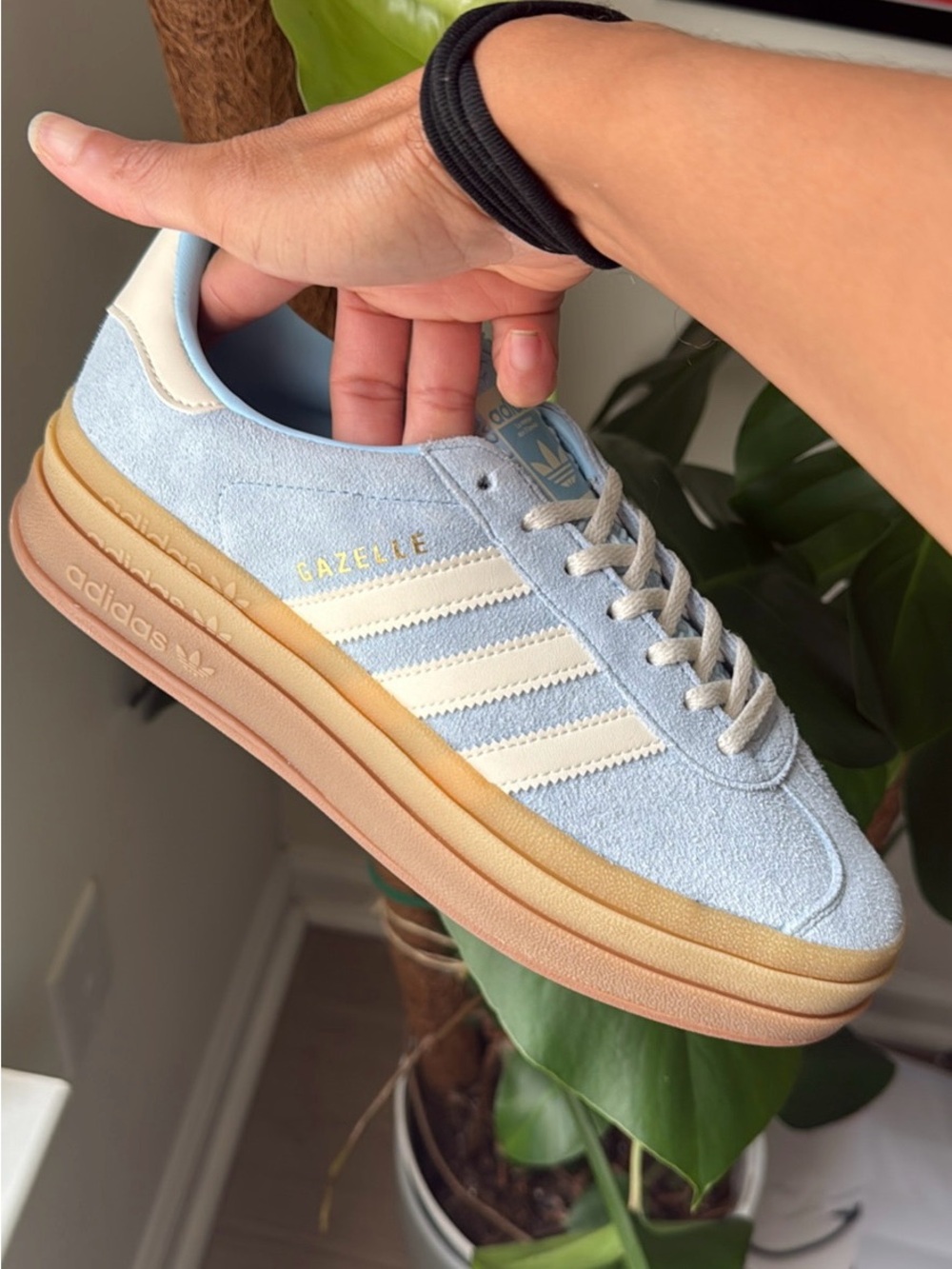 Adidas Gazelle Platform Sneakers in Light Blue and Cream with Gum Sole